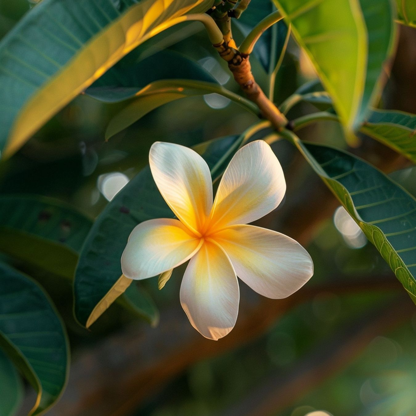 Une fleur de frangipanier blanche et jaune s'épanouit au milieu d'un feuillage verdoyant, délicatement baignée par la lumière du soleil : sa beauté délicate évoque l'essence de la Crème Mains Nourrissante - Monoï de Tahiti pour peaux très sèches de Lovea, élaborée avec savoir-faire en France.