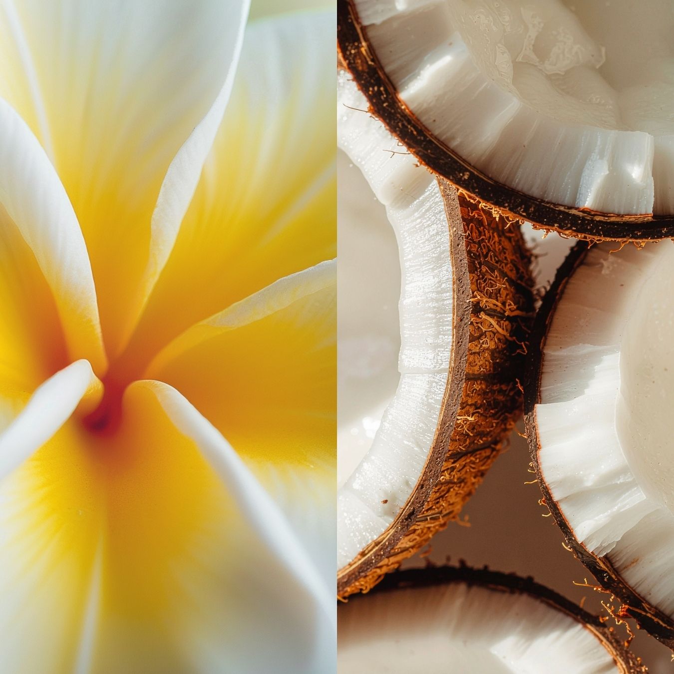 Gros plan sur une fleur de frangipanier jaune et blanche à gauche et sur des noix de coco coupées en deux, dévoilant leur chair blanche et leur coque brune, à droite, inspiré des ingrédients d’origine naturelle présents dans le coffret Lovea Duo Découverte - Déodorants Solides - Huile de Monoï et Coco, avec une efficacité de 24 heures.