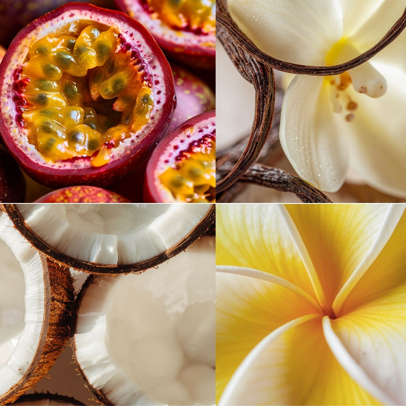 Quatre gros plans — un fruit de la passion un peu abîmé, une fleur de frangipanier blanche et jaune, une noix de coco coupée en deux dévoilant sa chair crémeuse, et une autre fleur de frangipanier au cœur jaune — sont disposés en grille pour évoquer les parfums exotiques et les ingrédients naturels mis à l’honneur dans l’Assortiment Découverte de Lovea - Gels Douches Exotiques de Lovea.