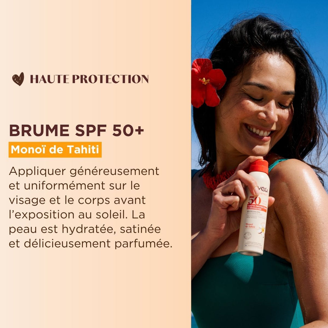 Une femme, une fleur rouge dans les cheveux, sourit en tenant un flacon de crème solaire en spray. Le texte vante les mérites de Lovea Duo Solaire Bronzage Doré – Active Protège & Prolonge - Monoï de Tahiti, en mettant en avant son pouvoir hydratant, son fini satiné et son parfum délicat, pour des soins solaires éclatants et un bronzage doré et uniforme.