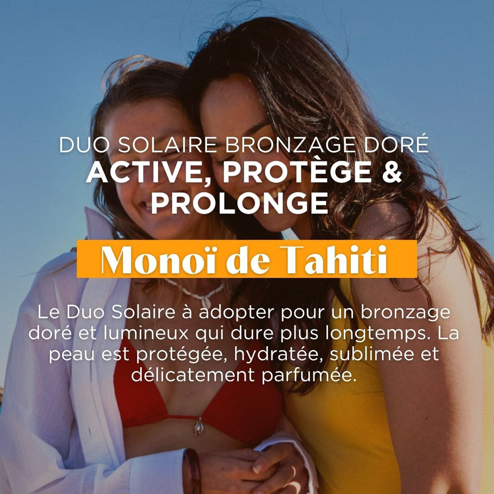 Deux personnes se tiennent côte à côte, souriantes, sur la plage, avec la mer et le ciel bleus en arrière-plan. Le texte en français vante les mérites du « Duo Solaire Bronzage Doré – Active Protège & Prolonge » de Lovea, enrichi en monoï de Tahiti, conçu pour un bronzage doré : une peau lumineuse et hydratée, protégée et délicatement parfumée.