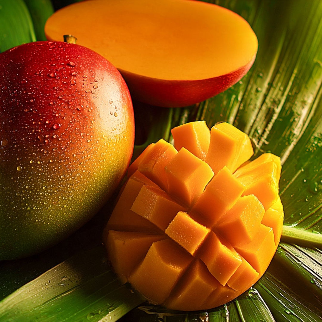 Une mangue entière, une demi-mangue à la chair onctueuse et une demi-mangue coupée en dés sont disposées sur des feuilles de palmier vertes ; des gouttelettes d'eau perlent sur leur peau, tandis qu'un éclairage éclatant met en valeur leurs teintes juteuses, d'un jaune et d'un rouge intenses.